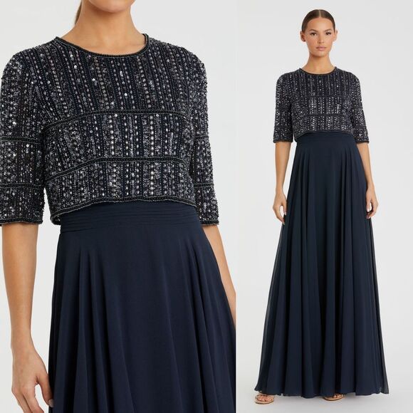 Mac Duggal Dresses & Skirts - Mac Duggal NEW Chiffon Gown w/ Fully Beaded 3/4 Sleeve Top Navy $598 - Size 18